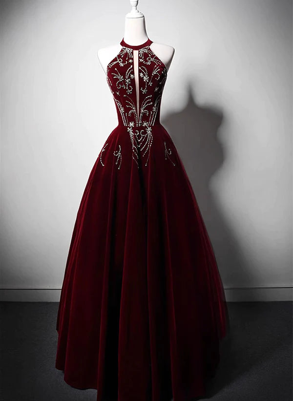 Wine Red Velvet Beaded Halter Long Formal Dress